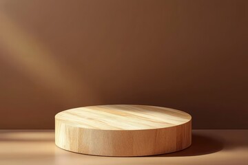 Round wooden podium for food, products or cosmetics against bright brown background, ai