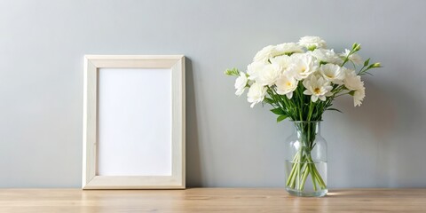 Elegant vertical picture frame mockup featuring a beautiful white flowers bouquet in a vase, surrounded by empty copy space for customizable artwork or text.