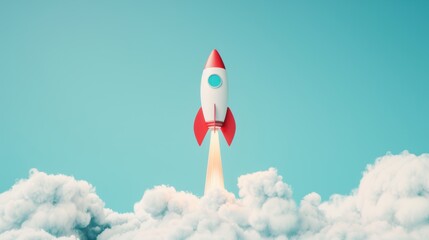 An artistic depiction of a rocket launching into the sky, symbolizing business progress and advancement, against a simple, uncluttered backdrop perfect for adding custom text or graphics.