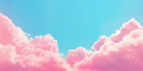 Bright candy pink fluffy clouds on blue sky, bold banner template