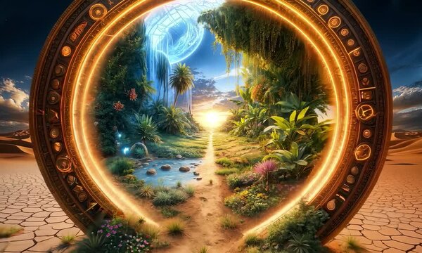 Heaven's Gate, mystical round portal in desert leads to lush, vibrant paradise garden filled with tropical plants. Fantasy, adventure, escapism and nature concept.