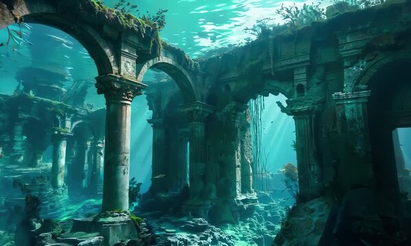 Ruins of ancient city sunk at bottom of sea. Atlantis like sunken city, sunlight filters through water, illuminating underwater world with submerged structures.