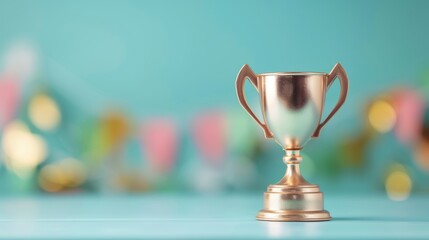 A close-up of a prestigious award trophy on a polished desk, symbolizing business renown and success, with clear copy space ideal for corporate accolades.