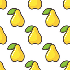 Pears vector seamless pattern. Yellow fruits and green leaves with black outline on white background.