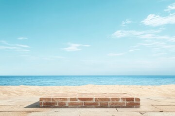 Obraz premium Brick podium with copy space for product display presentation on background of sand, sea and blue sky. Minimal scene for advertising with summer vacation concept, ai