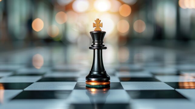 An abstract representation of corporate supremacy, featuring a chess piece king standing triumphantly on a chessboard, symbolizing business success and ascendancy. The image includes spacious copy