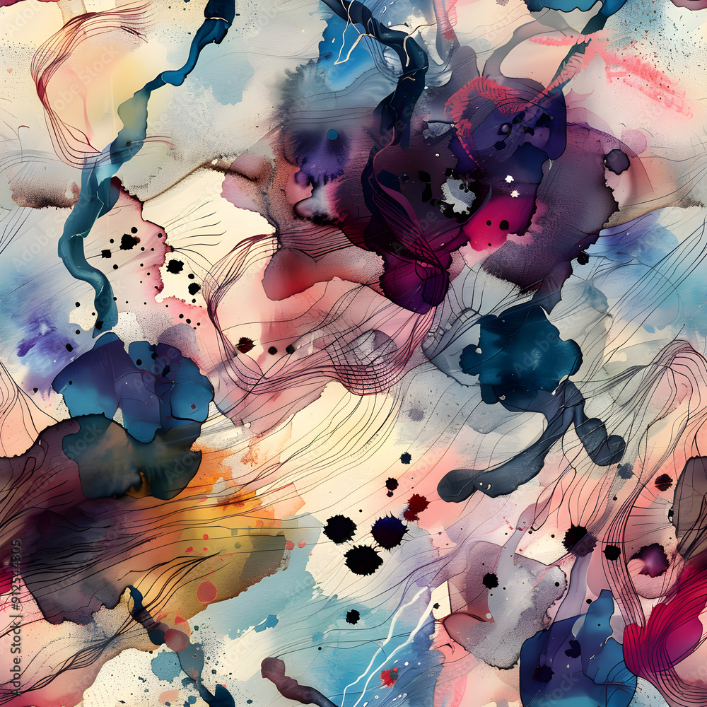 Aufkleber abstract watercolor pattern with ink lines flowing on canvas texture