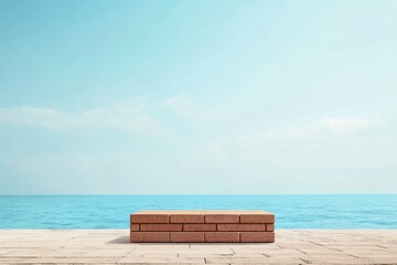 Brick podium with copy space for product display presentation on background of sand, sea and blue sky. Minimal scene for advertising with summer vacation concept, ai