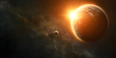 Obraz premium Distant Planet with Sun Rising Behind