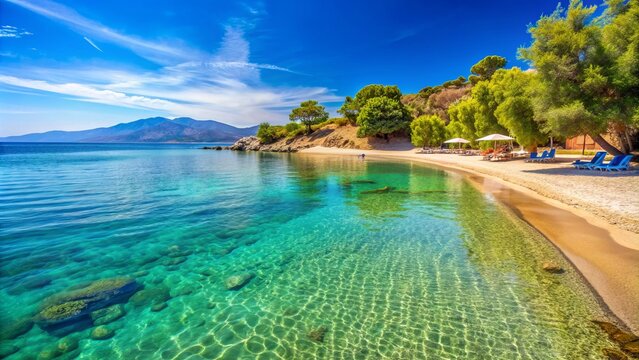 Serene Greek beach scene featuring crystal-clear shallow waters and powdery shore at Paralia Kalo Livadi, a tranquil haven for relaxation and family fun.