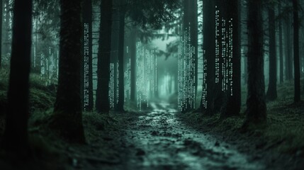 Fototapeta premium A mysterious path through a dark, foggy forest with glowing digital code on the trees.