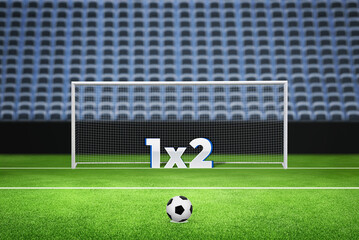 Obraz premium Goal on a soccer field with a 1x2 sign symbolizing sports betting. Concept represents guessing in sports games of chance and betting, highlighting prediction and strategy