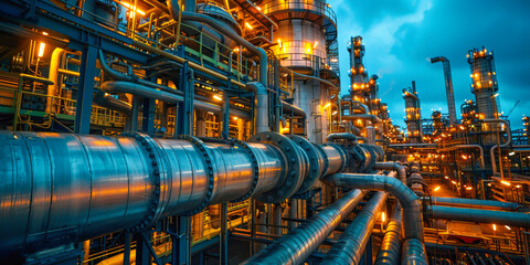 An illuminated industrial refinery complex at dusk, showcasing a network of pipes and towers ideal for energy sector promotions, infrastructure articles, and technology showcases,