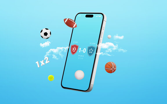 Phone with a sports betting composition featuring sports clouds, balls and a 1x2 sign. Concept represents online betting, highlighting convenience, strategy, and the digital betting landscape