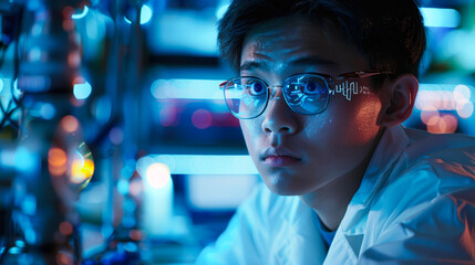 A focused young scientist wearing glasses and a white lab coat is surrounded by laboratory equipment in a neon-lit lab, ideal for use in technology, science, or research-related content,