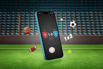 Phone on a football stadium with a betting app and a composition of different sports balls. Concept represents online betting, showcasing digital convenience and diverse betting options