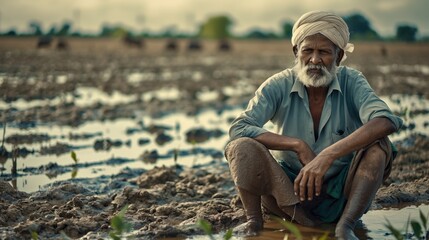 Fototapeta premium sad asian farmer sitting in farm, field filled with excessive rain water