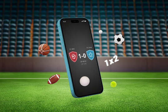 Phone on a football stadium with a betting app and a composition of different sports balls. Concept represents online betting, showcasing digital convenience and diverse betting options