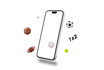 Isolated, transparent, phone with a white screen for mockup or app presentation, surrounded by various sports balls flying around it. Concept versatility and dynamic content for sports-related apps