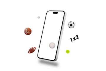 Isolated, transparent, phone with a white screen for mockup or app presentation, surrounded by various sports balls flying around it. Concept versatility and dynamic content for sports-related apps