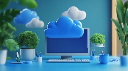 A computer monitor is on a desk with a blue background and a cloud above it