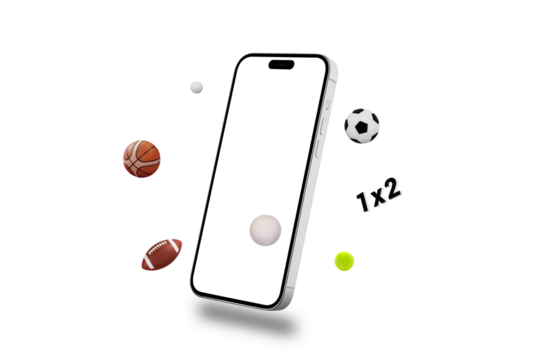 Isolated, transparent, phone with a white screen for mockup or app presentation, surrounded by various sports balls flying around it. Concept versatility and dynamic content for sports-related apps