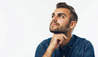 Obraz premium Young man with a contemplative expression, resting his chin on his hand while looking upwards the image can be used for themes related to thinking, pondering, decision-making, and planning,
