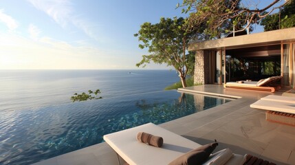 Fototapeta premium A stunning villa features an infinity pool with breathtaking ocean views and tropical greenery at dusk