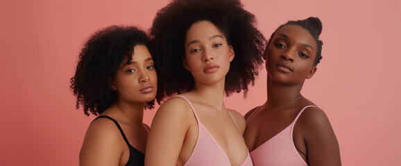 Diverse group of curvy women wearing shapewear camisole bras, pink background