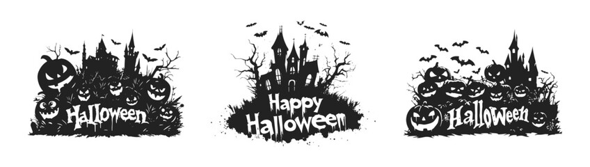 Fototapeta premium Halloween Party text vector cartoon illustration. Collection of various lettering designs typography with haunted houses, bats, and pumpkins grunge effects in black and white.