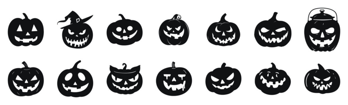 Halloween jack-o-lanterns vector silhouette illustration. Collection of spooky pumpkin faces with various expressions in black and white.