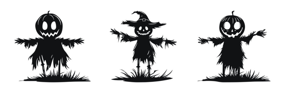 Halloween scarecrows vector silhouette illustration. Collection of spooky pumpkin-headed scarecrow in black and white.