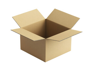 An empty cardboard box with open flaps isolated on a transparent background, representing storage, shipping, or packing possibilities.