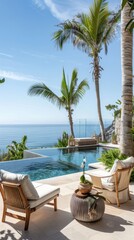 Fototapeta premium A serene oceanfront view from a villa, featuring a pool, comfortable seating, and lush tropical palm trees