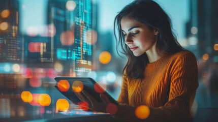 A woman in a yellow sweater using a tablet to analyze financial data, with city lights in the background.