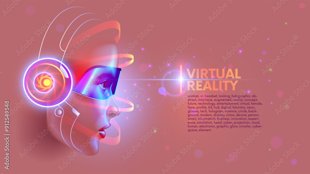 Poster virtual reality conceptual poster. woman head in vr headset looking at holographic abstract interfac