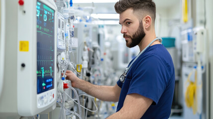 A man prepares a home dialysis machine, showcasing specialized medical equipment for home care. Ideal for understanding at-home dialysis procedures.