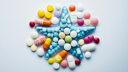 A star made of pills is on a white background