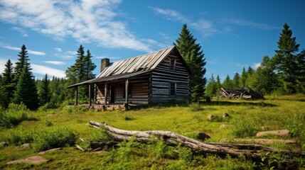 Old fashioned cabin surrounded by untamed mountains