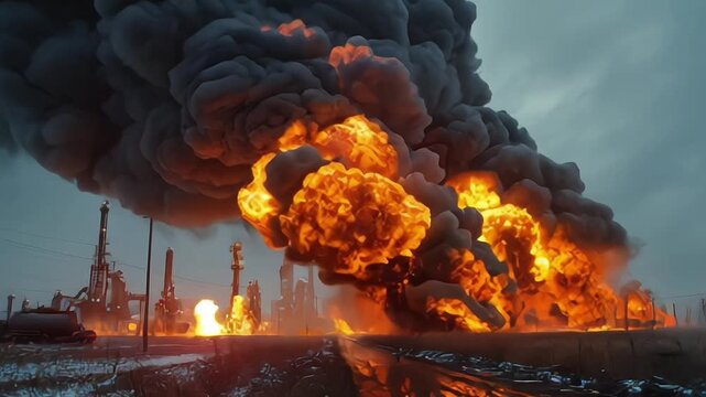 Major fire at an industrial oil refinery. Powerful explosion with black smoke cloud