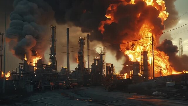 Major fire at an industrial oil refinery. Powerful explosion with black smoke cloud
