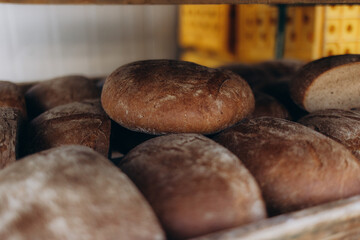 A lot of bread prepare to move on in the shelf. Bread bakery food factory production with fresh products. Automated production of bakery products.