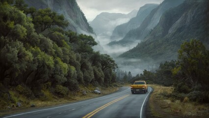 A yellow truck driving down a mountain road in the mountains, AI