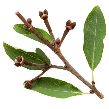 recommend clip art: A clove sprig, leaf branch with green leaves and budding flowers, ideal for culinary or botanical themes.