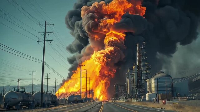 Major fire at an industrial oil refinery. Powerful explosion with black smoke cloud
