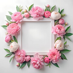 Frame with colorful flowers on clear white background. Greeting card design for holiday, Mother's day, Easter, Valentine day. Springtime composition with copy space. Flat lay, top view 