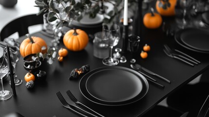 A black table with a pumpkin centerpiece and a black plate with a pumpkin on it