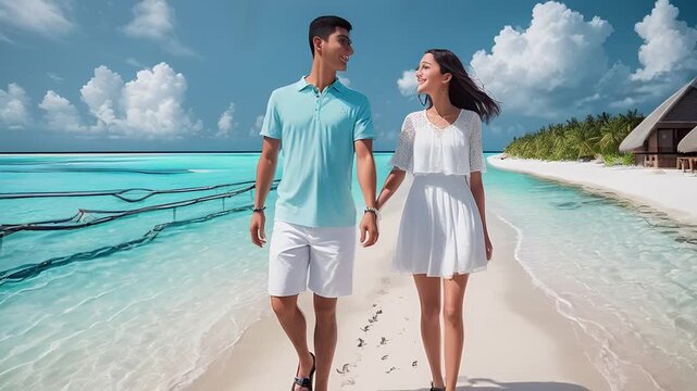 a young lovely couple in white clothe walking at the beach in Maldives in summer sunny day,