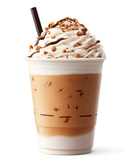 Iced coffee with whipped cream and chocolate drizzle | Refreshing cold beverage with layered presentation | Plastic cup with straw | High-resolution food photography for cafes, menus