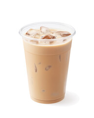 Iced coffee with milk in plastic cup | Refreshing cold beverage with ice cubes | Isolated on white background | High-resolution food photography for cafes, menus, and advertisements